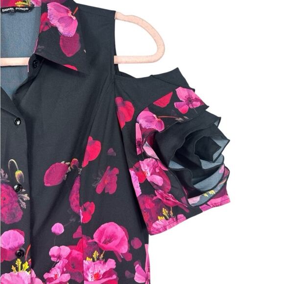 Samuel Dong Floral midi dress open shoulder ruffle sleeves black and pink - Picture 3 of 9